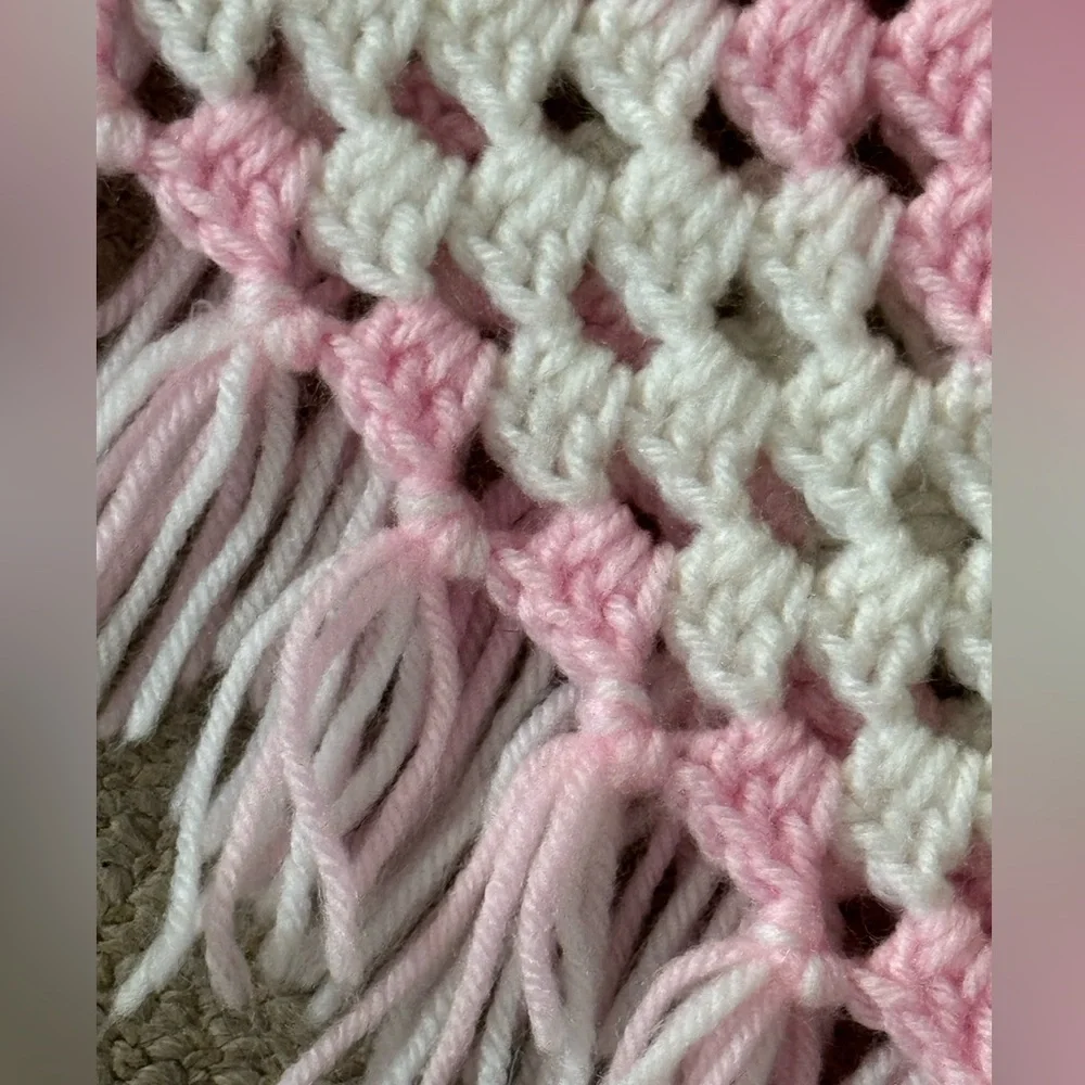 Handmade Pink and White Crochet Kids Poncho